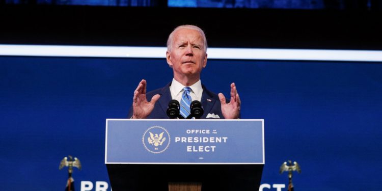 U.S. President-elect Joe Biden delivers remarks during a televised speech on the current economic and health crises at The Queen Theatre in Wilmington, Delaware, U.S., January 14, 2021. REUTERS/Tom Brenner