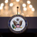 WASHINGTON, DC - JUNE 09:  A view of the State Department seal on the podium before Romanian President Klaus Iohannis and U.S. Secretary of State Rex Tillerson appear for a photo opportunity at the State Department, June 9, 2017 in Washington, DC. Iohannis is also scheduled to meet with President Donald Trump on Friday afternoon. (Photo by Drew Angerer/Getty Images)