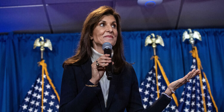 US Republican presidential hopeful and former UN Ambassador Nikki Haley speaks during a campaign rally in Portland, Maine, on March 3, 2024. (Photo by Joseph Prezioso / AFP) (Photo by JOSEPH PREZIOSO/AFP via Getty Images)